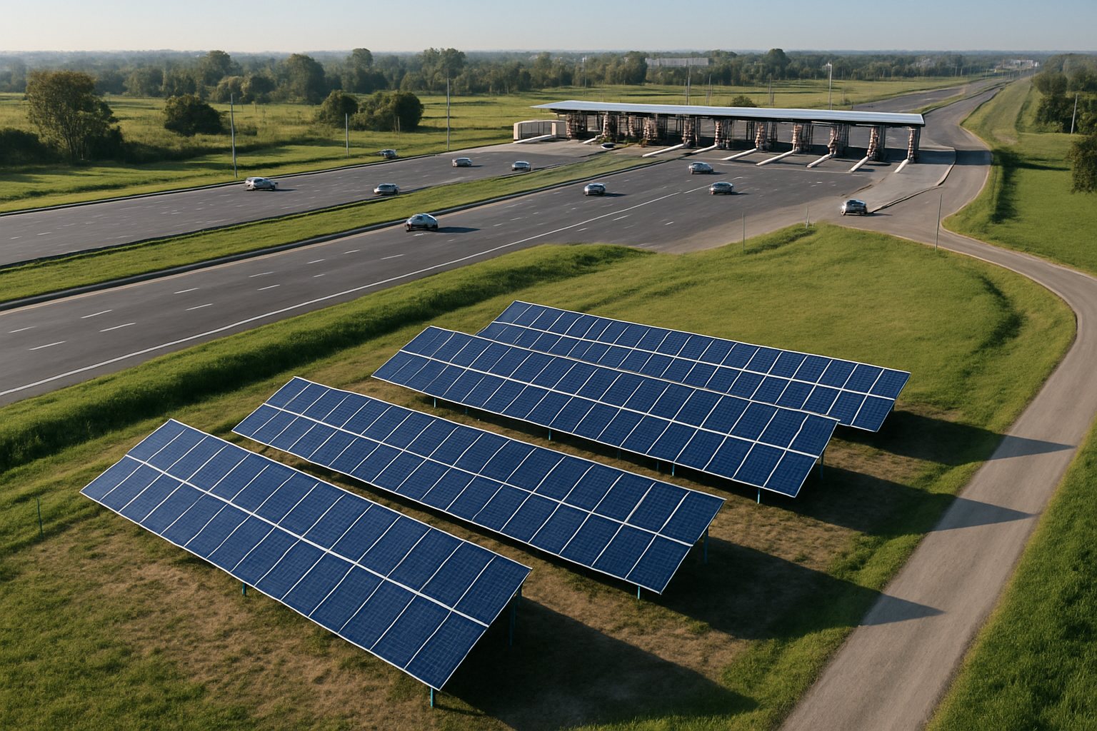 Vista ilustrativa de paneles solares junto a una autopista en un entorno llano y verde de Buenos Aires.